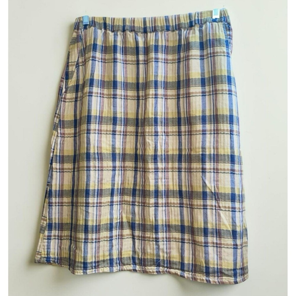 CP Shades L Lagenlook Gauzy Plaid Cotton Skirt with Stretch Waist Pockets